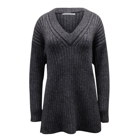 Alexander Wang safety pin star chunky rib knit wool v-neck tunic sweater - Picture 1 of 11